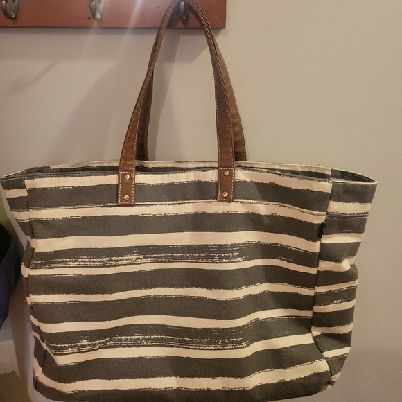 Maika Chic Striped Canvas Tote with Brown Leather Handles - Picture 7 of 13